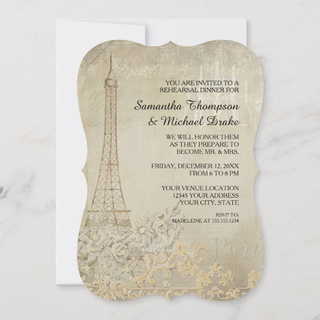 Tan Vintage Paris Parisian Rehearsal Dinner Invitation (Back)