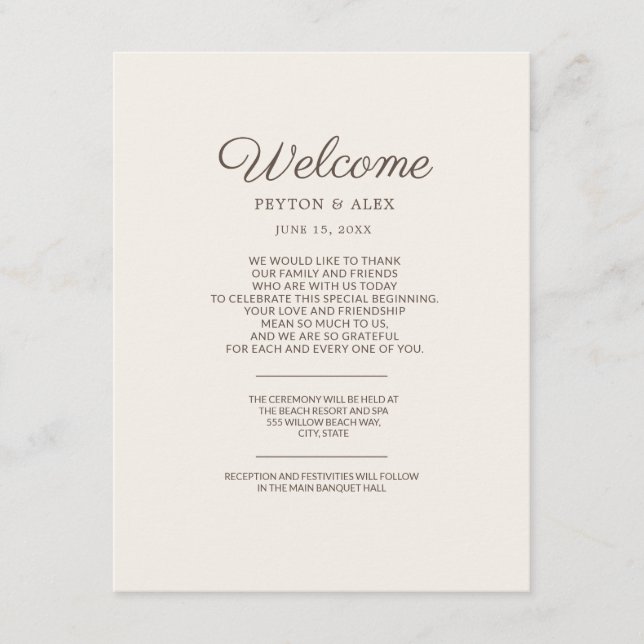 Tan Wedding Guest Welcome  Enclosure Card (Front)