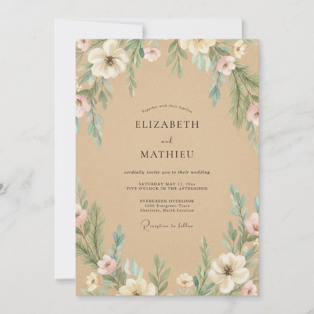 Tan White Blossom Wedding Invitation (Front)