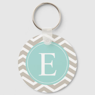Tan White Chevron Teal Monogram Key Ring