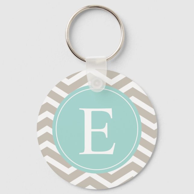 Tan White Chevron Teal Monogram Key Ring (Front)