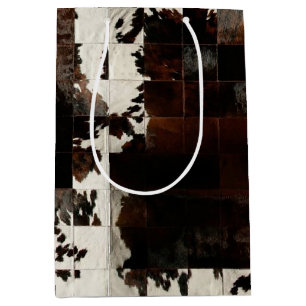 Tan White Cowhide Patchwork Print  Medium Gift Bag