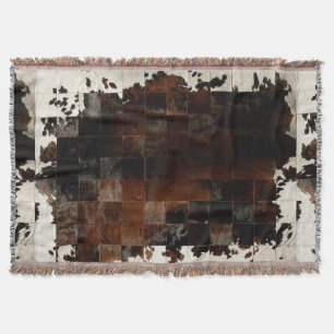 Tan White Cowhide Patchwork Print  Throw Blanket