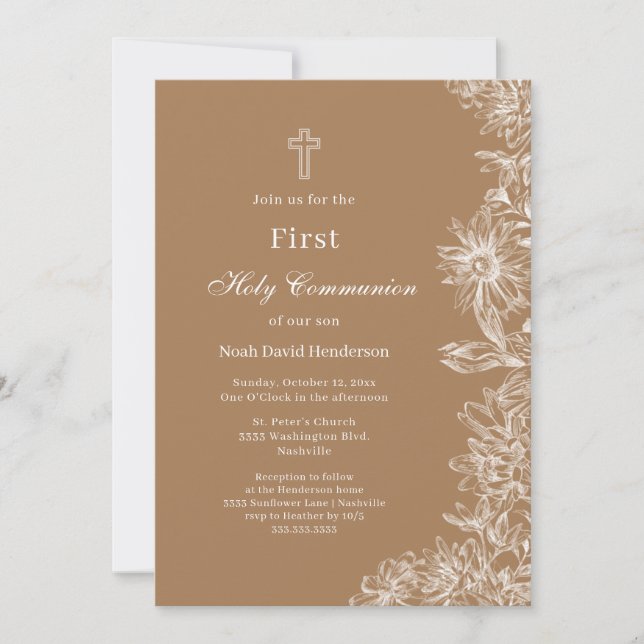 Tan White Floral First Holy Communion Invitation (Front)