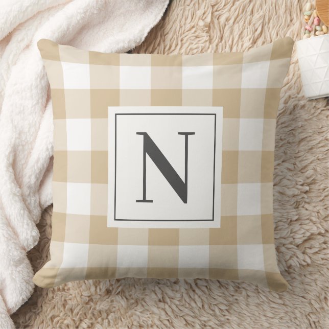 Tan White Gingham Check Monogram Initial Cushion (Blanket)