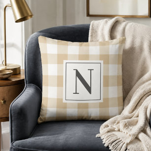 Tan White Gingham Check Monogram Initial Cushion