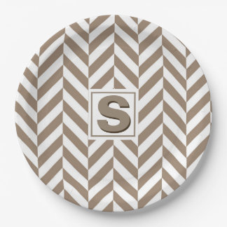 Tan White Herringbone Monogram Paper Plate
