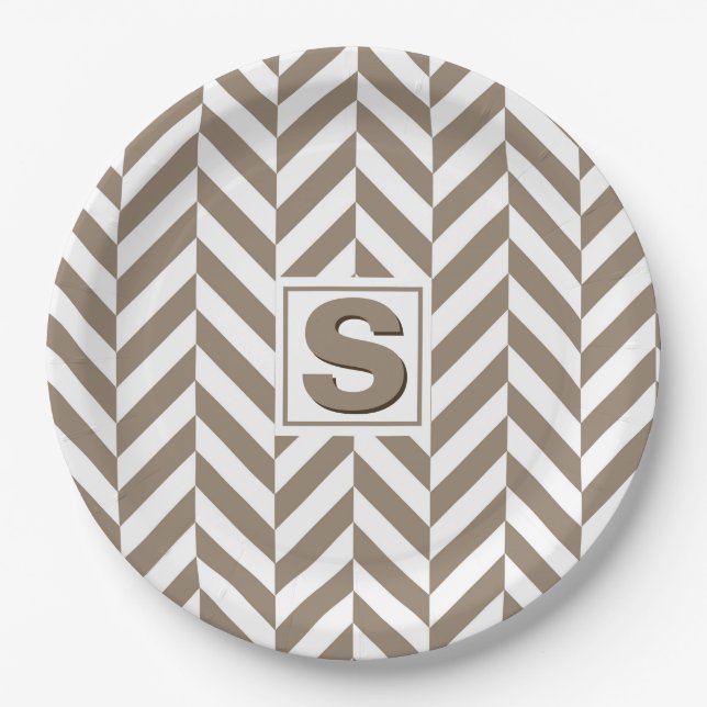Tan White Herringbone Monogram Paper Plate (Front)