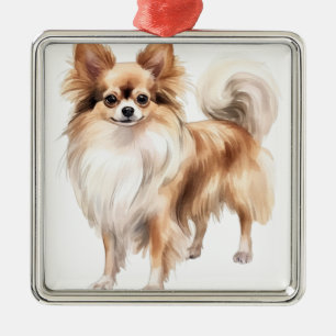 TAN & WHITE LONG HAIRED CHIHUAHUA DOG METAL TREE DECORATION