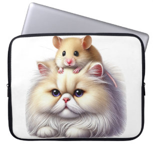 TAN & WHITE PERSIAN CAT WITH CUTE BROWN HAMSTER LAPTOP SLEEVE