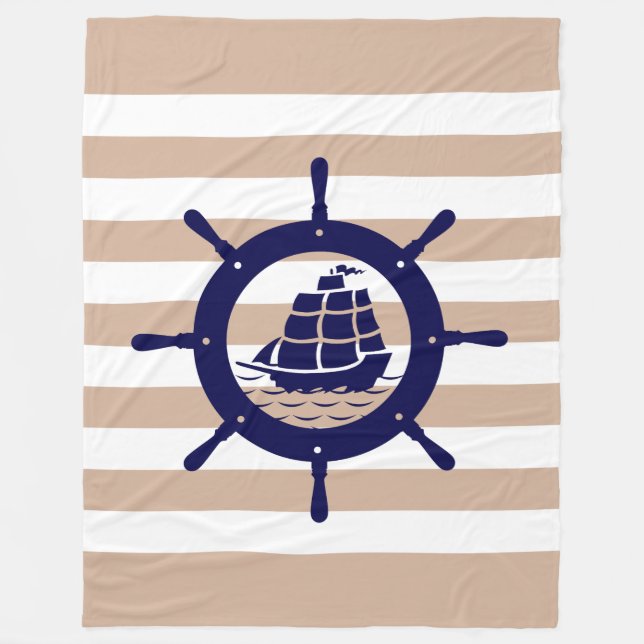Tan & White Stripes With Blue Nautical Boat Wheel Fleece Blanket (Front)