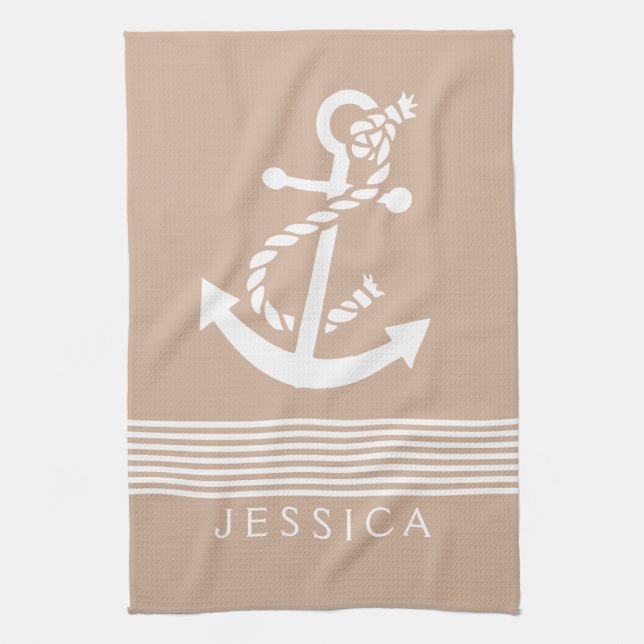 Tan & White Stripes With Nautical Anchor Tea Towel (Vertical)