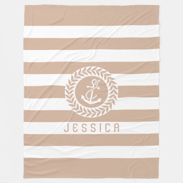 Tan & White Stripes With White Nautical Anchor Fleece Blanket (Front)