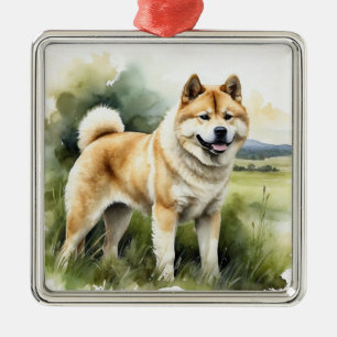 TAN & WHITE WATERCOLOR AKITA DOG METAL TREE DECORATION