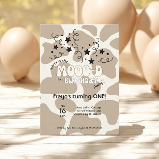 Tan Who's in the MOOO-D Cow Print 1st Birthday Invitation