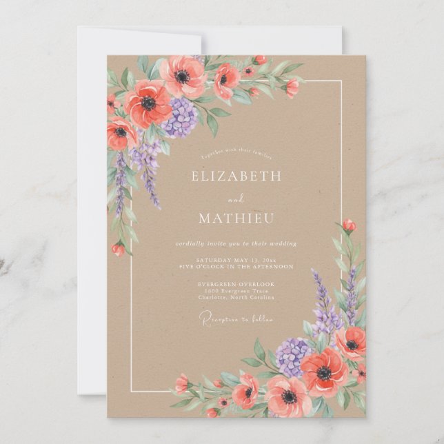 Tan Wildflower Country Wedding Invitation (Front)