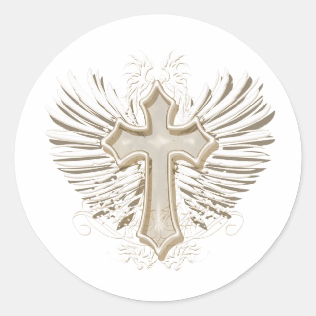 Tan Winged Cross Classic Round Sticker (Front)