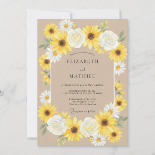 Tan Yellow Sunflower Eucalyptus Wedding Invitation
