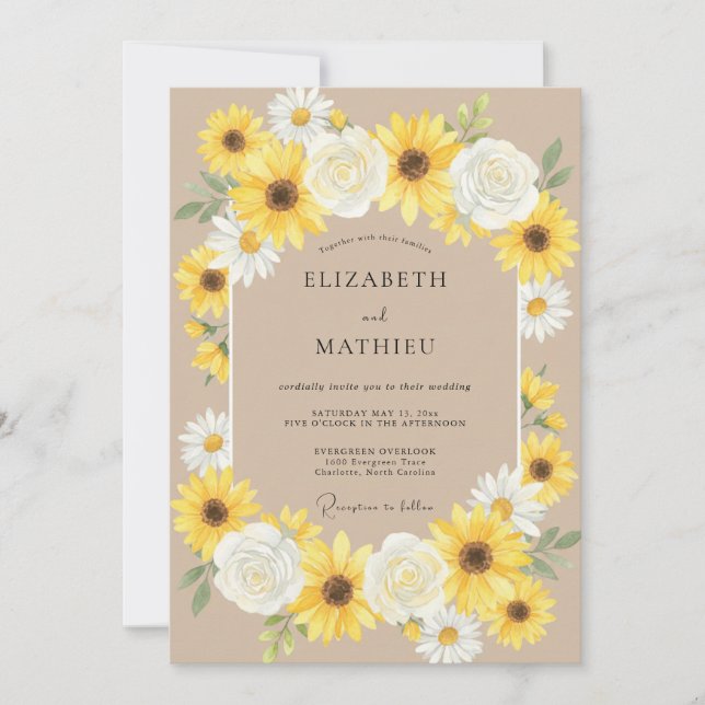 Tan Yellow Sunflower Eucalyptus Wedding Invitation (Front)