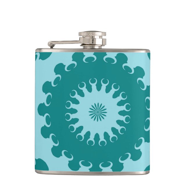 Tanager Turquoise and Teal Blue Crescent Moon Kale Hip Flask (Front)