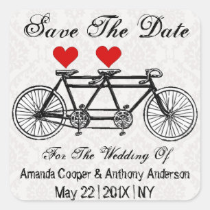 Tandem bicycle and hearts square sticker
