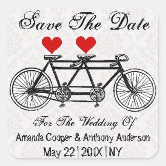 Tandem bicycle and hearts square sticker