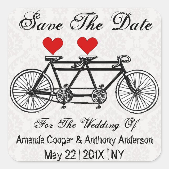Tandem bicycle and hearts square sticker (Front)