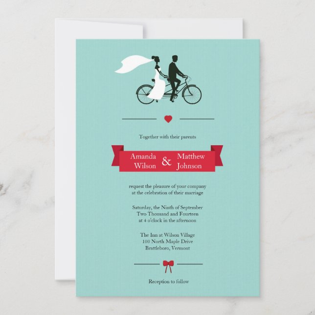 Tandem Bicycle Aqua Wedding Invitations (Front)