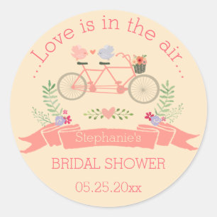 Tandem Bicycle, Birds and Banner Bridal Shower Classic Round Sticker