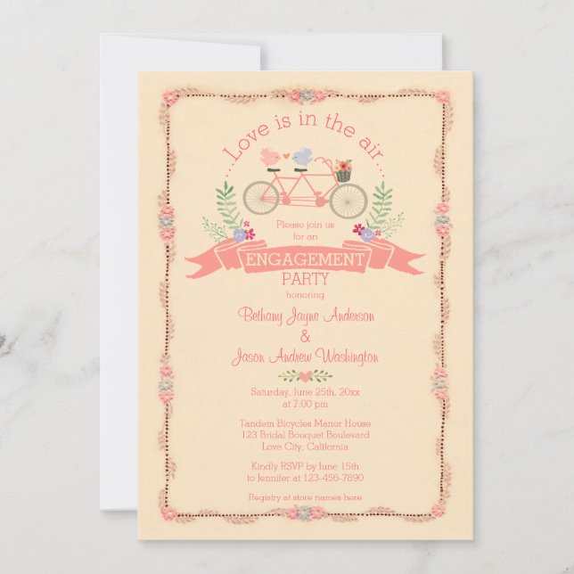 Tandem Bicycle, Birds and Banner Engagement Party Invitation (Front)