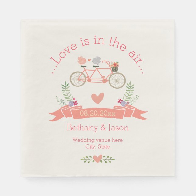 Tandem Bicycle, Birds and Banner Wedding Napkin (Front)