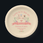 Tandem Bicycle, Birds and Banner Wedding Paper Plate<br><div class="desc">Custom wedding paper plates to use at the wedding reception and wedding party. Elegant, romantic, personalised, template for weddings with a cute, pink tandem bicycle with a basket of pretty, colourful flowers, and whimsical pink and blue cartoon birds with a love heart between them sitting on the seats of the...</div>