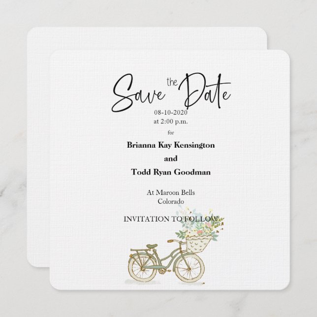 Tandem Bicycle Casual Square Save the Date Card (Front/Back)