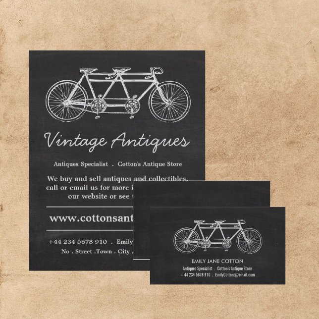 Tandem Bicycle & Chalkboard, Antique Dealer Business Card (Creator Uploaded)
