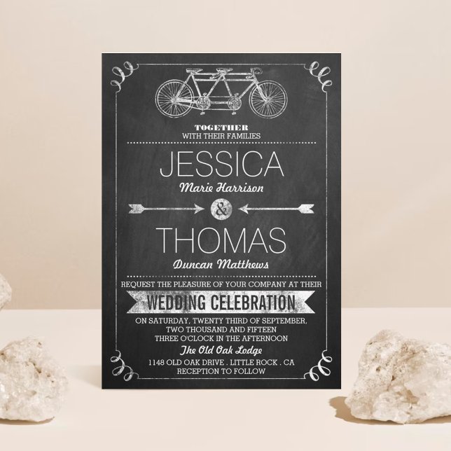 Tandem Bicycle Chalkboard Typography Wedding Invitation (Creator Uploaded)