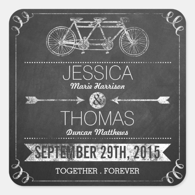 Tandem Bicycle Chalkboard Typography Wedding Square Sticker (Front)