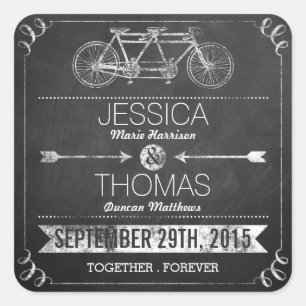 Tandem Bicycle Chalkboard Typography Wedding Square Sticker