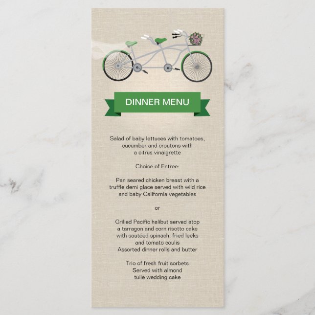 Tandem Bicycle Green Wedding Menu Faux Linen (Front)