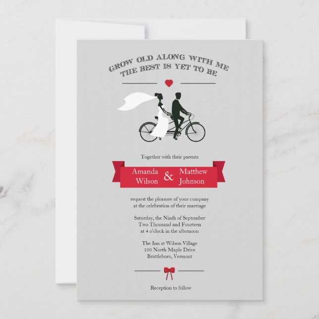 Tandem Bicycle Grey and Red Wedding Invitations (Front)