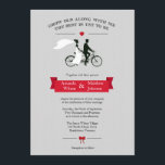 Tandem Bicycle Grey and Red Wedding Invitations<br><div class="desc">Tandem bicycle wedding invitations with the bride and groom riding a tandem bike. Fun vintage design with a red banner,  heart and bow,  on a grey thin striped background.  Quote on top reads "grow old along with me,  the best is yet to be"</div>