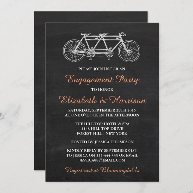 Tandem Bicycle On Chalkboard Enagement Party Invitation (Front/Back)