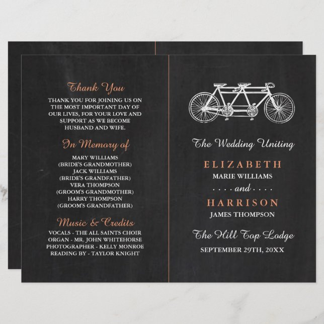 Tandem Bicycle On Chalkboard Wedding Program (Front/Back)