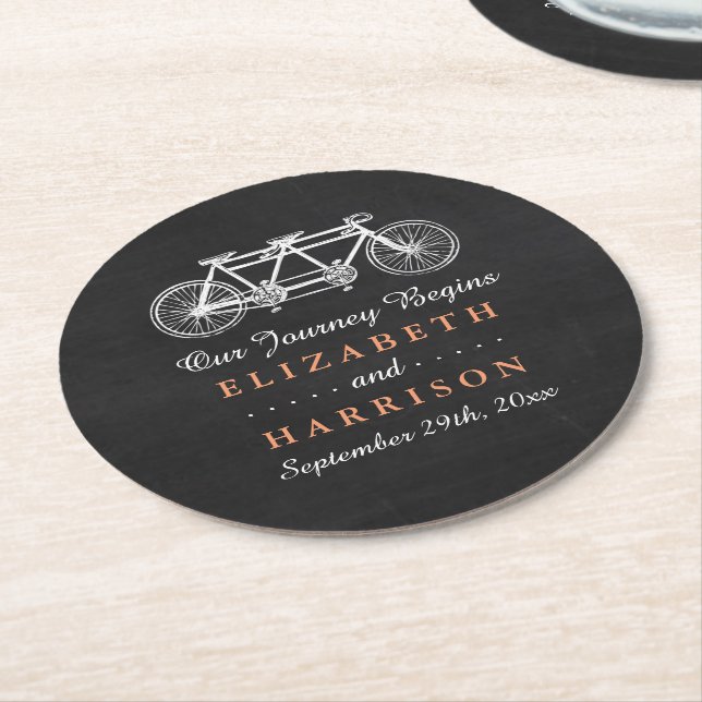 Tandem Bicycle On Chalkboard Wedding Round Paper Coaster (Angled)