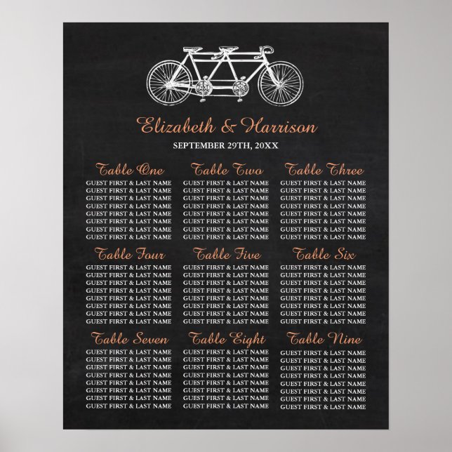 Tandem Bicycle On Chalkboard Wedding Seating Chart (Front)