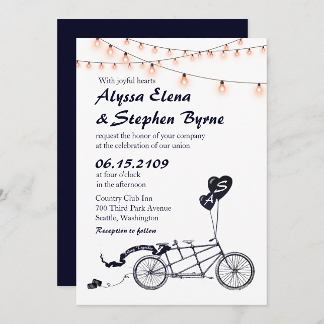 Tandem Bicycle Romantic Casual Wedding Invitation (Front/Back)