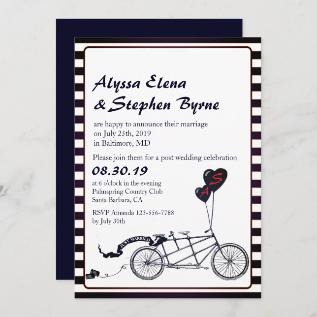 Tandem Bicycle Romantic Post Wedding Reception Invitation (Front/Back)
