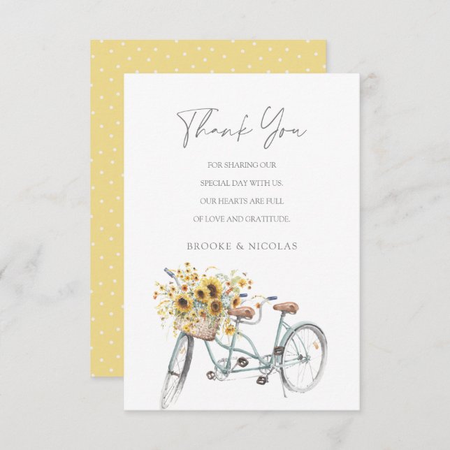 Tandem Bicycle Rustic Sunflower Watercolor Wedding Thank You Card (Front/Back)