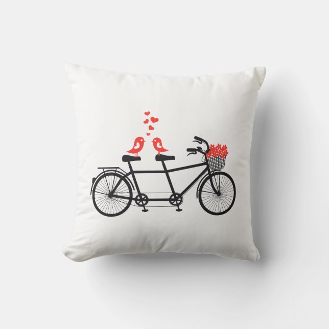 tandem bicycle with cute love birds and red hearts cushion (Front)
