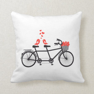 tandem bicycle with cute love birds and red hearts cushion