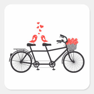 tandem bicycle with cute love birds square sticker